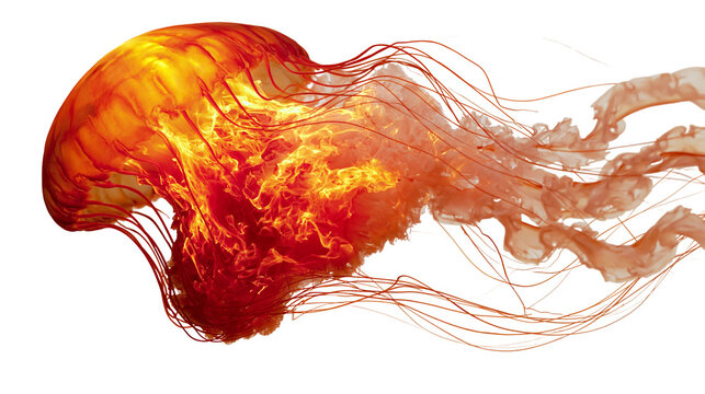 Vibrant orange jellyfish with long flowing tentacles and fiery internal texture