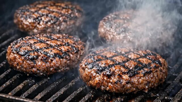 Grilled Hamburger Patties on a BBQ Grill with Steam