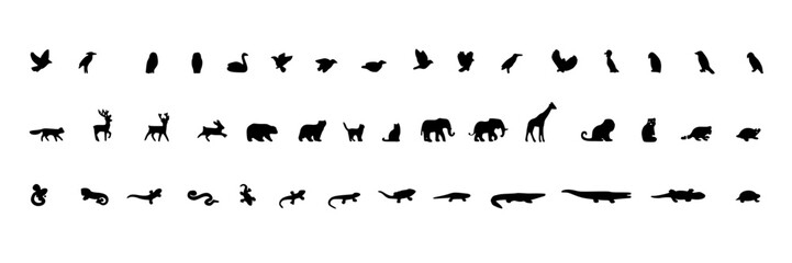 Fototapeta premium Wildlife Silhouettes Set, Animal Icons Collection, Diverse Fauna Illustration Featuring Mammal, Bird