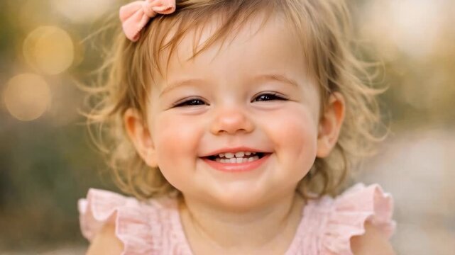 Laughing toddler girl with blonde hair and pink dress in bokeh background