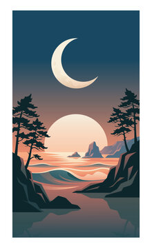 Night Landscape with Crescent Moon and Ocean Illustration