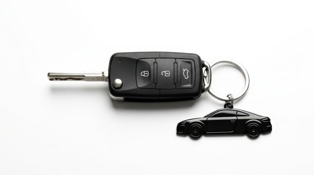 Modern Black Car Key Fob with Sports Car Keychain Isolated on White Background