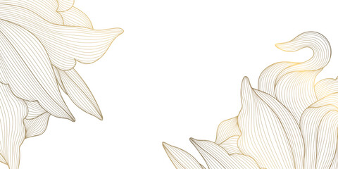 Obraz premium Elegant luxury floral pattern with golden line flowers, leaves, botanical elements, and geometric Art Deco ornament on a white background. Fancy plant background, card, wallpaper