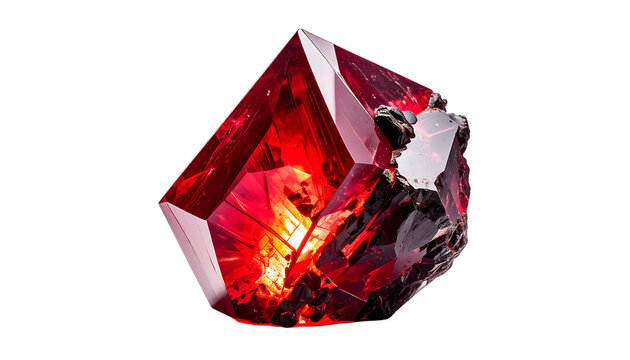 Raw red crystal with irregular dark cracks surrounding a glowing inner core, isolated on transparent background
