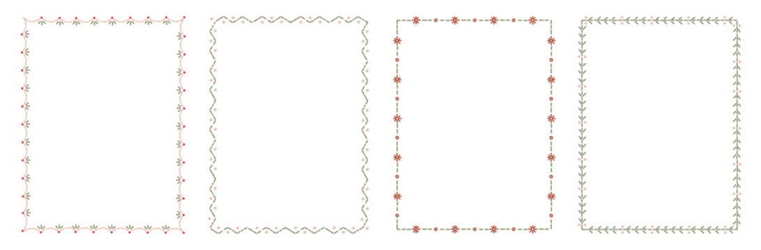 Hand drawn stitched floral border frame set vertical rectangular vector outlines. Coquette embroidery seam line art element collection for craft project, invitation and decorative card layout.