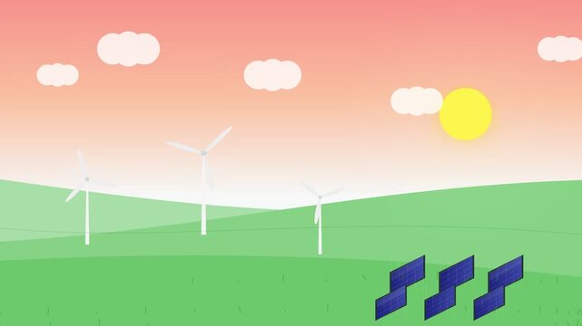 Flat vector animation of wind turbines and solar panels on green hills under a sunset sky.