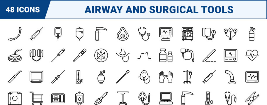 Anesthesia line icon set. Vector pictograms of patient monitoring, airway management, surgical equipment, and medical procedure elements, thin linear illustration.