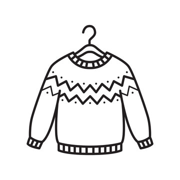 Detailed line art icon of a hand-knitted wool sweater with geometric Fair Isle pattern hanging on a coat hanger.
