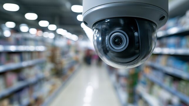 Suspended security camera monitoring a blurred grocery store aisle, ensuring constant vigilance and protection for commercial spaces and consumer safety