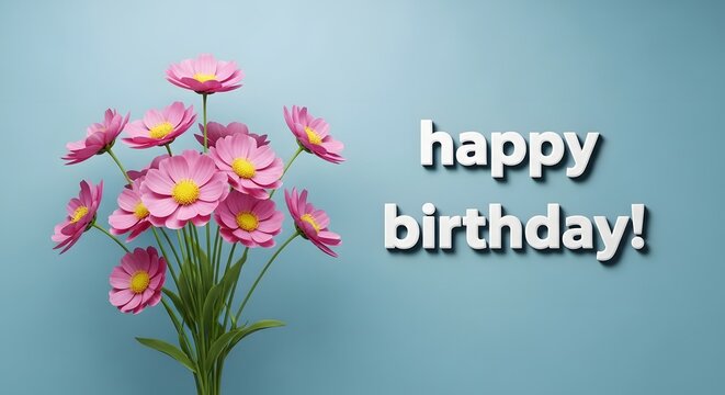 A beautiful bouquet of vibrant pink flowers arranged on a soft blue background to celebrate a special happy birthday occasion with elegant floral greeting design