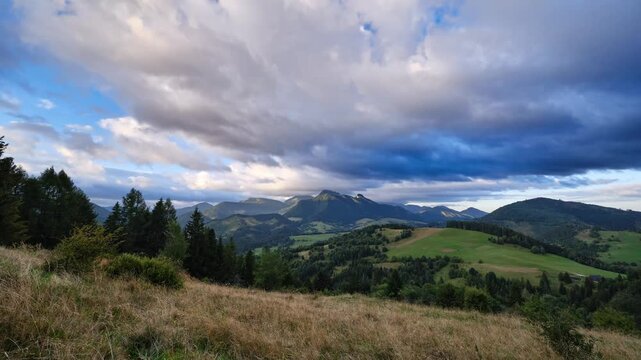 Time Lapse Of Clouds Moving Over Carpathian Mountain Peaks And Green Valley