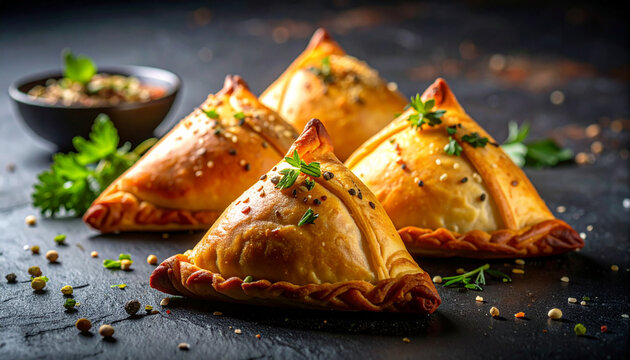 Samsa meat pastry with crispy crust in dark moody fine dining presentation