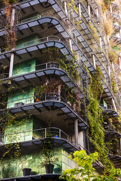 Contemporary apartment balconies with green vegetation across a residential facade in Paris France showing contemporary apartment architecture