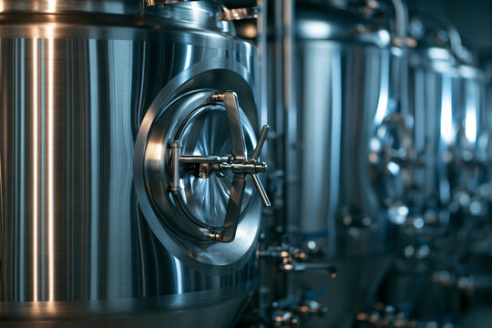 Shiny stainless steel brewing tanks in a modern industrial brewery with dramatic blue lighting.