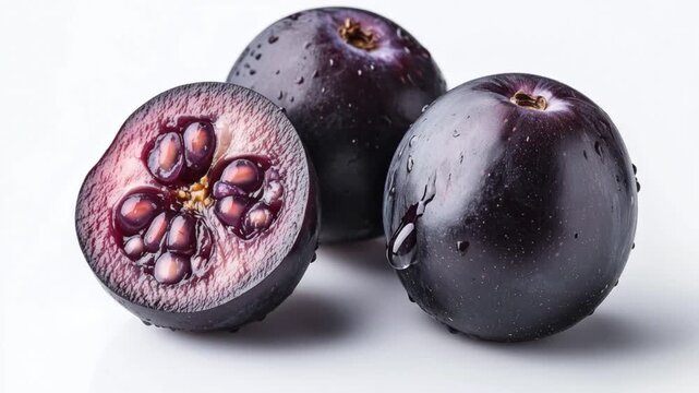 Close-up of three fresh dark purple plum fruits on a clean white studio surface, one plum cut open showing. Ai generated