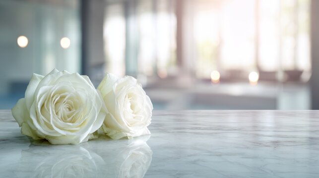 Elegant white roses placed on a polished marble surface with soft natural light and blurred background creating a peaceful and serene atmosphere in the room