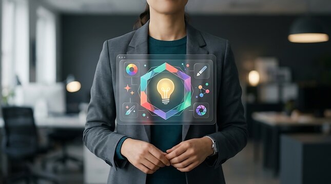 Professional woman standing behind colorful hexagon screen panel containing glowing lightbulb.