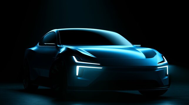 Sleek electric vehicle bathed in cool blue light showcases modern design, presenting a futuristic concept for automotive innovation and transport