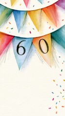 Obraz premium Watercolor illustration of colorful festive pennant banners displaying the number sixty surrounded by scattered confetti on a light background for celebration d