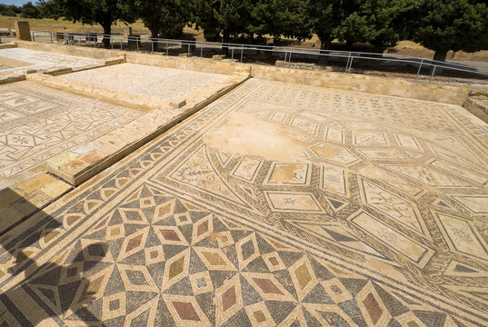 Representation of a mythological creature in an original Roman mosaic in Italica, Santiponce, Seville, Andalusia, Spain.