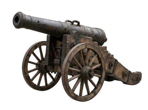 Antique wooden cannon isolated on transparent background