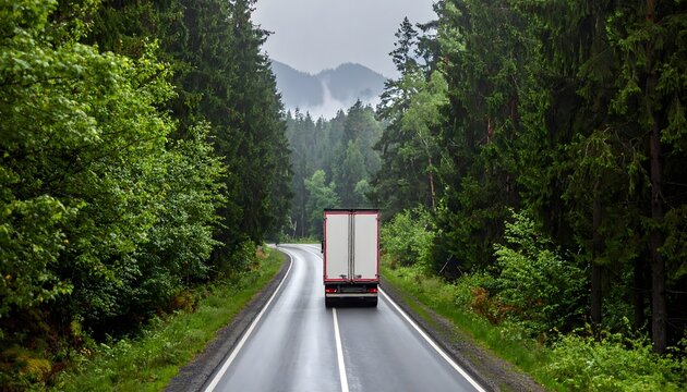 Cami&oacute;n de transporte circulando por una carretera entre bosques densos con monta&ntilde;as y niebla al fondo