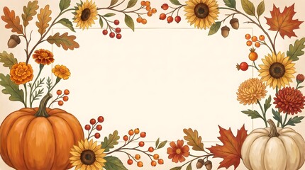Fototapeta premium Autumn floral ornament frames a central blank space with pumpkins, sunflowers, and maple leaves fall border frame sunflower vegetables