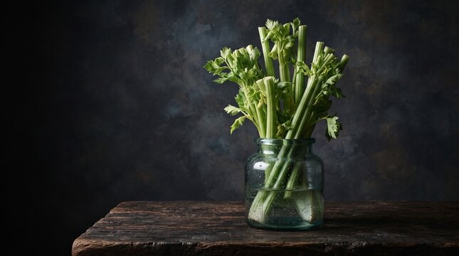 Artistic still life featuring sculptural celery stalks in a vintage glass vase, combining botanical elegance, dramatic lighting and an unconventional food photography concept.