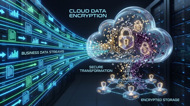 Cloud data encryption and secure information transfer concept with digital server visualization data security cyber security server room digital storage cloud computing information technology