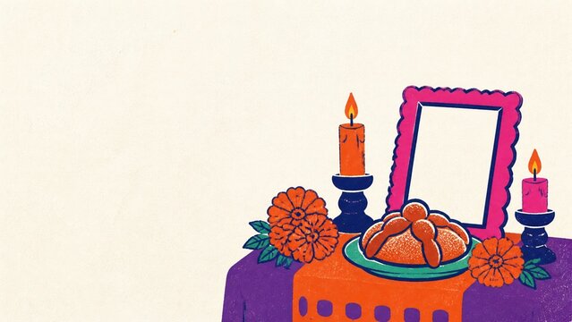 Traditional D&iacute;a de los Muertos ofrenda with glowing candles, orange marigolds, ceremonial bread and empty portrait frame with copy space