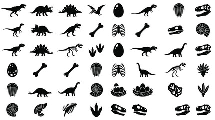 Large collection of dinosaur silhouette icons featuring T-Rex, Stegosaurus, Triceratops, fossils, skeletons, bones, skulls, eggs, nests, footprints, trilobites, and ammonites. © VectorSuka