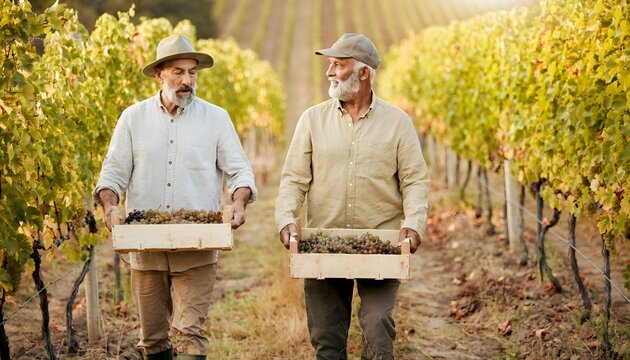 Dos hombres transportando cajas de madera con uvas por un vi&ntilde;edo durante la vendimia entre hileras de cepas