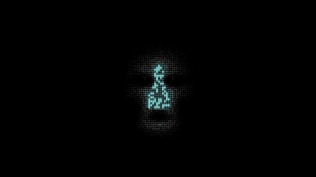 Procedural ASCII human face animation featuring realistic breathing motion, matrix terminal texture, and periodic glitch distortions.