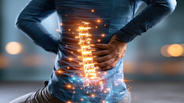 Person experiencing spinal pain with glowing vertebrae illustration