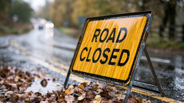 Road closed sign on wet autumn day