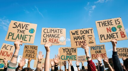 Global Climate Strike Protest with People Holding Cardboard Signs for Environmental Protection and Planet Awareness