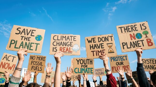 Global Climate Strike Protest with People Holding Cardboard Signs for Environmental Protection and Planet Awareness