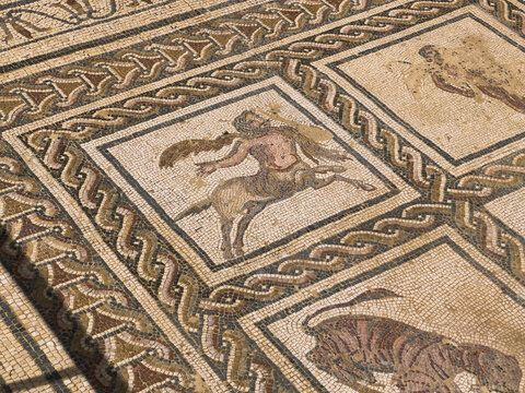 Representation of a mythological creature in an original Roman mosaic in Italica, Santiponce, Seville, Andalusia, Spain.