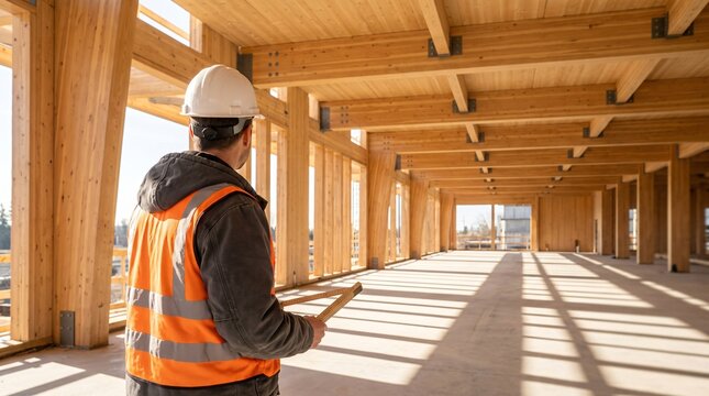 Mass Timber Construction Inspection Structural Engineer Checking Cross Laminated Glulam Beams for Sustainable Green Building Commercial Architecture Eco Real Estate and Modern Infrastructure Banner