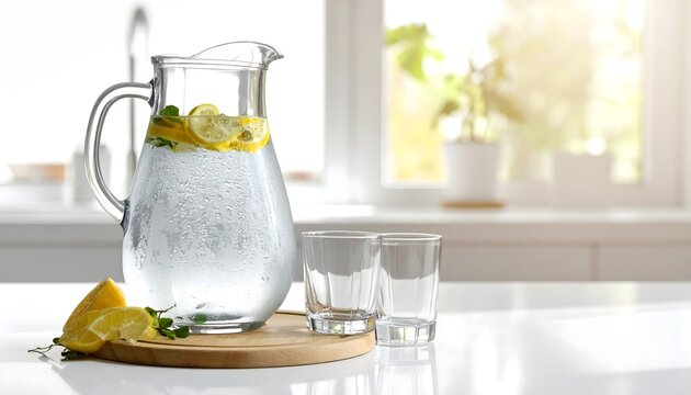 Jarra de agua con rodajas de lim&oacute;n y hierbas arom&aacute;ticas junto a dos vasos sobre una mesa clara en una cocina luminosa
