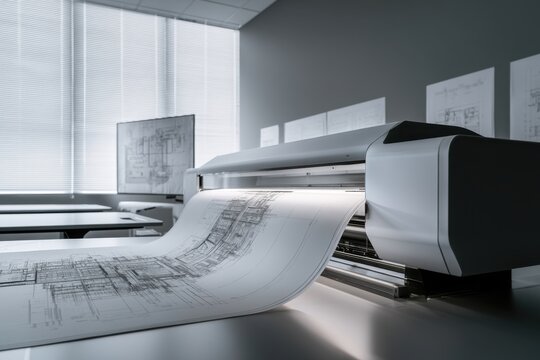 Large format printer producing detailed architectural blueprints in a modern office with natural light filtering through window blinds