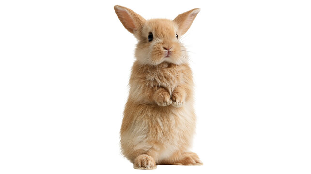 Small fluffy ginger rabbit standing upright on hind legs