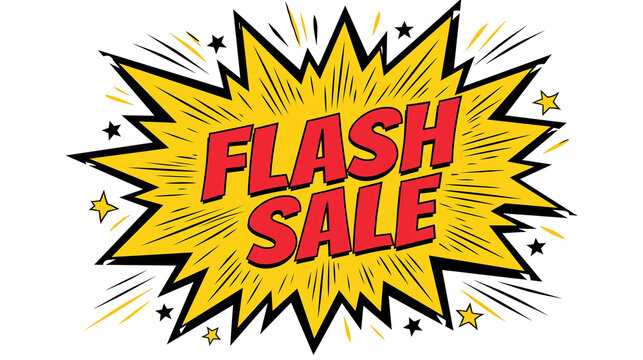 Flash Sale text in red bold letters inside a yellow comic book style speech bubble
