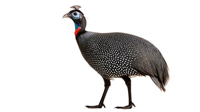 Helmeted guineafowl with black spotted plumage and blue and red neck skin