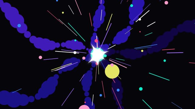 Cosmic starburst vector animation with dynamic background blobs shining rays and floating colorful glowing orbs