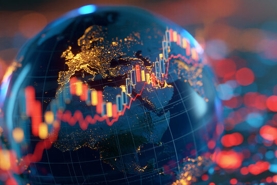 A glowing glass globe with financial trading charts and market graphs overlaid across continents in bright blue and orange light.