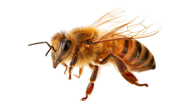 Detailed macro close-up of a fuzzy honey bee with translucent wings