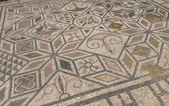 Representation of a mythological creature in an original Roman mosaic in Italica, Santiponce, Seville, Andalusia, Spain.