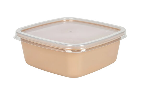 Square beige plastic food storage container with a clear lid for kitchen organization isolated on a transparent background