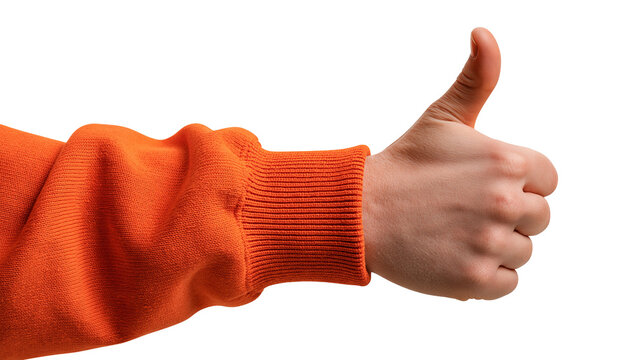 Hand showing thumbs up gesture wearing an orange long sleeve sweatshirt
